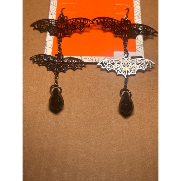 Halloween Goth Metallic Black Drop Dangle Bat Earrings Spooky Costume 3" - Picture 3 of 3